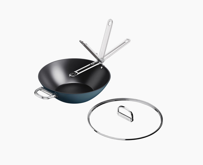 Space Folding Handle Ceramic Non-stick 32cm Blue Wok &amp; Lid