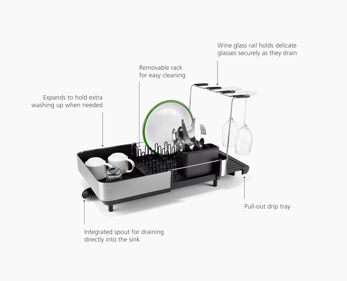 Extend™ Steel Plus Expandable Black Dish Drainer with Wine Glass Rack