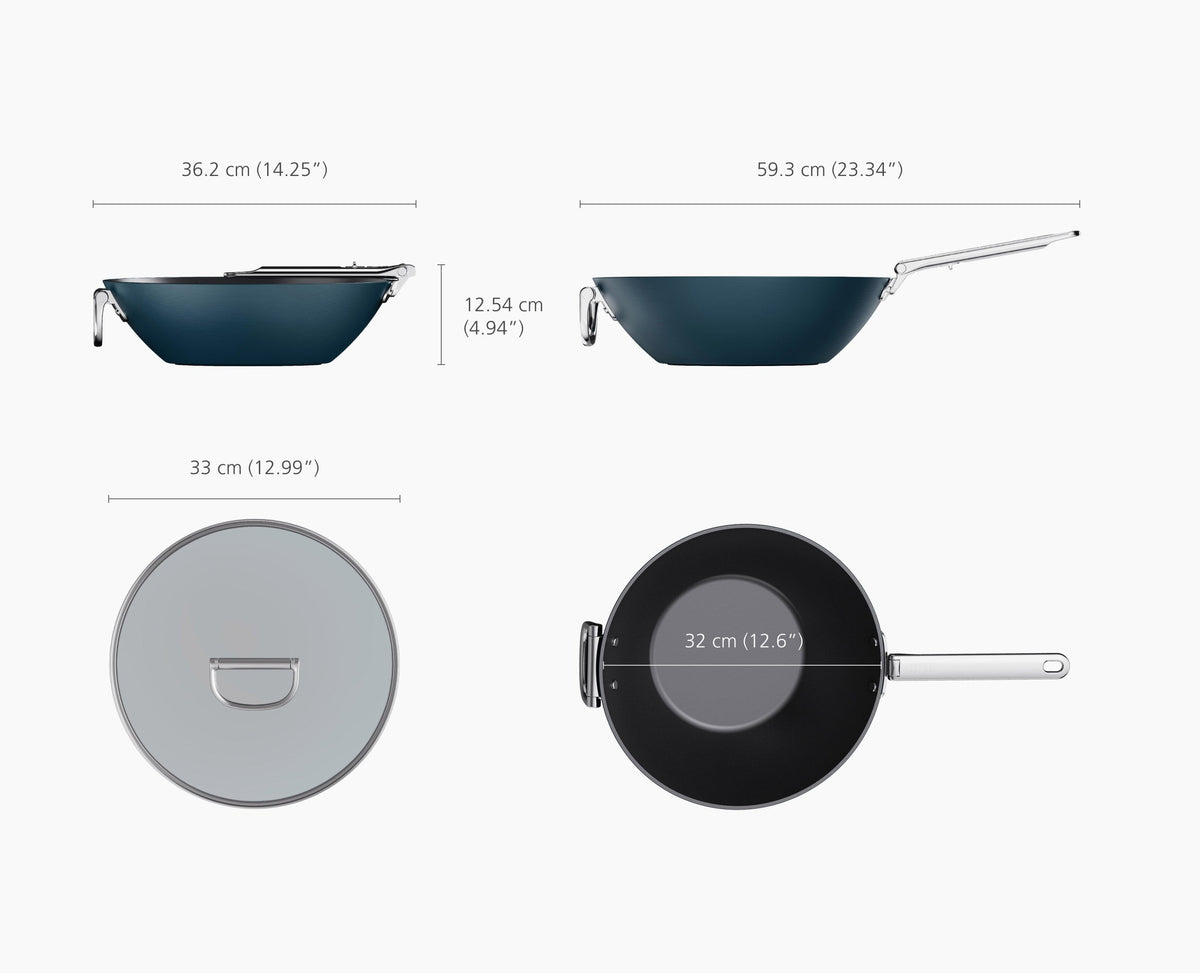 Space Folding Handle Ceramic Non-stick 32cm Blue Wok &amp; Lid
